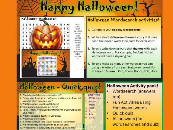 Halloween wordsearch and Quick quiz 2025! KS2 / KS3 / KS4. Fun, easy to use and all answers! 2025