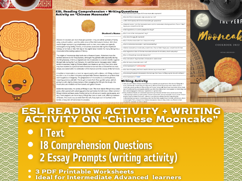 ESL Reading Comprehension + Writing Activity Worksheets on "Chinese Mooncakes"