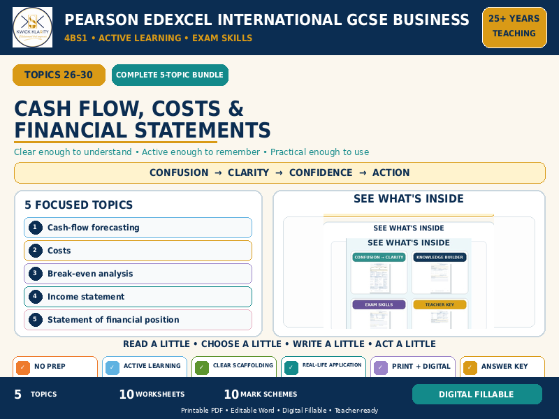 IGCSE Business Cash Flow, Costs & Financial Statements | 5-Topic Active Learning Bundle | Edexcel