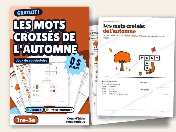 French Fall Crossword Puzzles Grade 1-3 Picture Clues | Mots croisés automne
