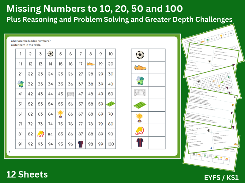 FOOTBALL MATHS / Numbers to 10, 20, 50 & 100 / Missing Numbers, Reasoning & Problem Solving /