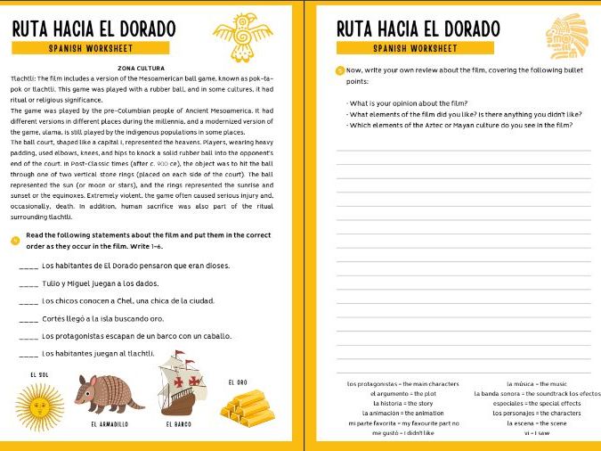 Road to El Dorado Spanish Worksheet