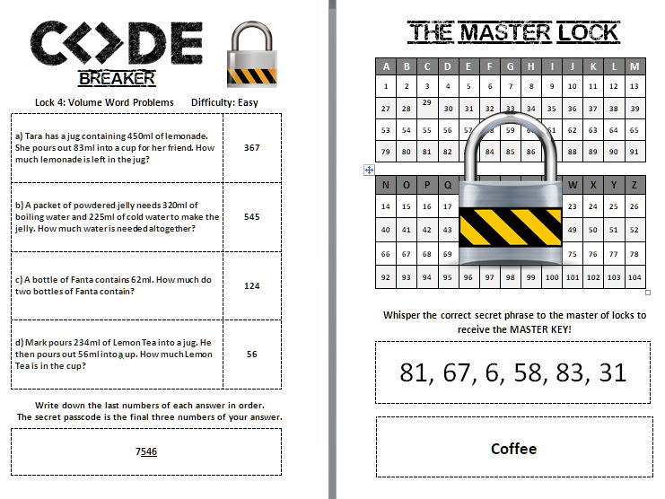 Code Breaker Challenge Volume Maths Unit Teaching Resources