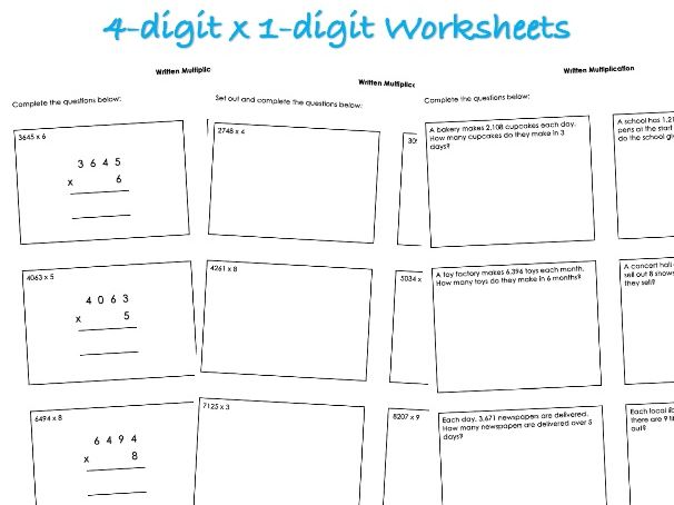 4-digit x 1-digit Worksheets