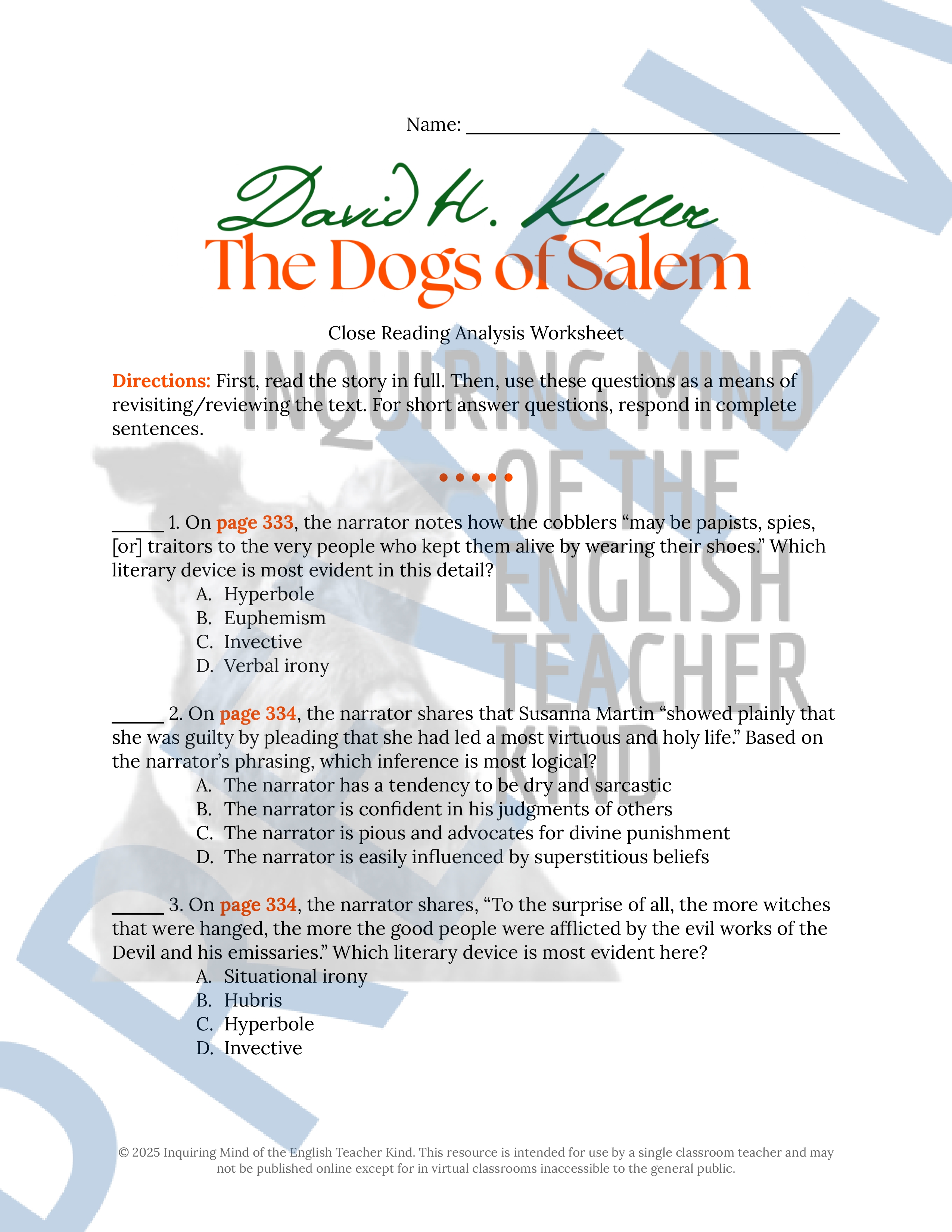 "The Dogs of Salem" Gothic Literary Analysis Worksheet | Witch Trials ...