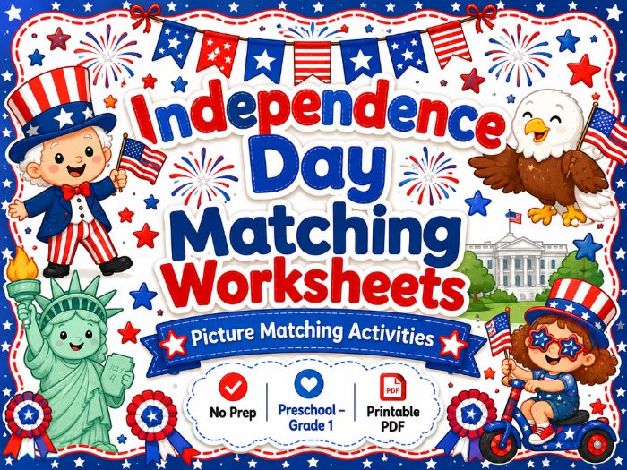 4th of July Matching Worksheets | Independence Day Activities | Preschool–1st Grade