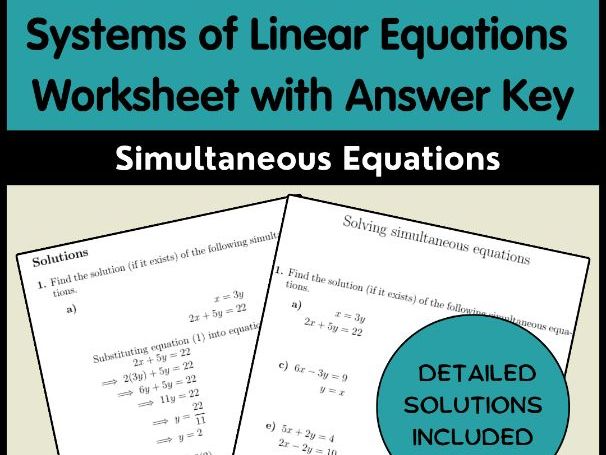 Systems of Linear Equations Worksheet with Answer Key | Simultaneous Equations