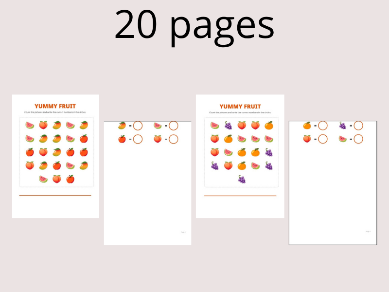 Fruit Counting Worksheets: Numbers 1-20 (20 Pages)