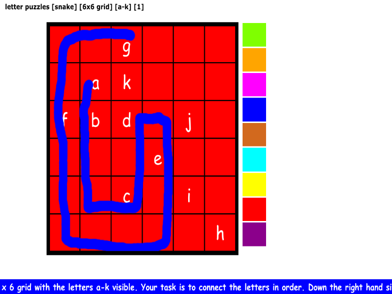 letter puzzles [snake] [6x6 grid] [a-k] [1]