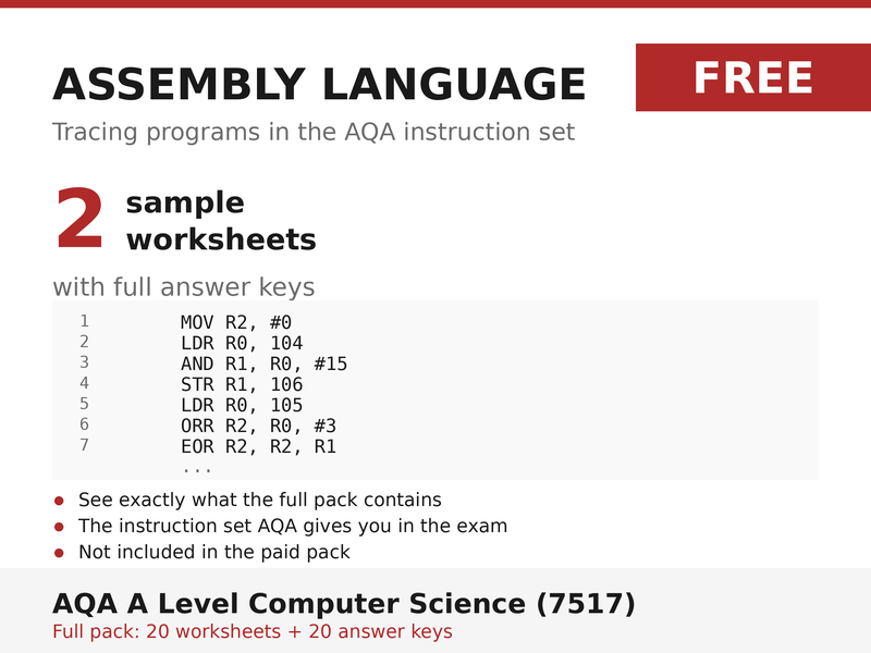 FREE Assembly Language Sample | AQA A Level Computer Science 7517 | 2 Worksheets + Answers