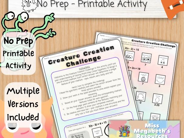 Solving Multi-Step Linear Equations - Creature Creation Challenge | Multiple Versions Included