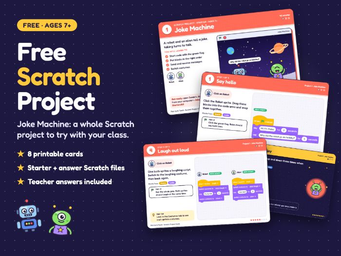 FREE Scratch Project Card: Joke Machine | Step-by-Step Coding Cards + Answers | Ages 7+