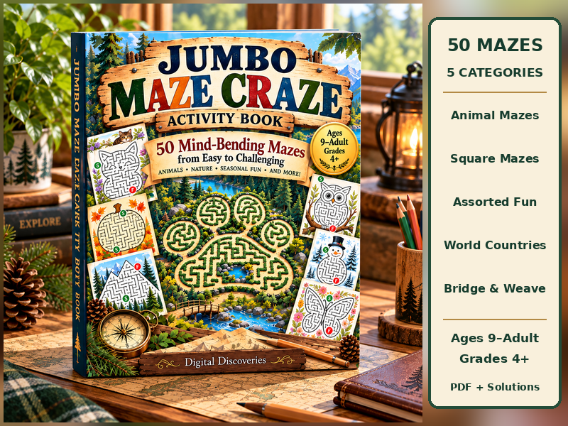 Jumbo Maze Craze – 50 Printable Maze Puzzles | Problem-Solving & Critical Thinking Activities | Ages