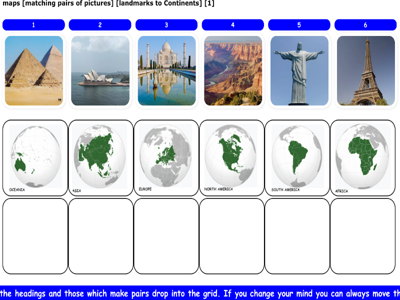 maps [matching pairs of pictures] [landmarks to Continents] [1]