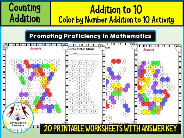 Addition to 10 – Color by Number Activity Worksheets Math Problems