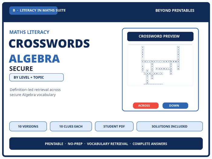 Secure Algebra Maths Crosswords | 10 Vocabulary Puzzles with Solutions