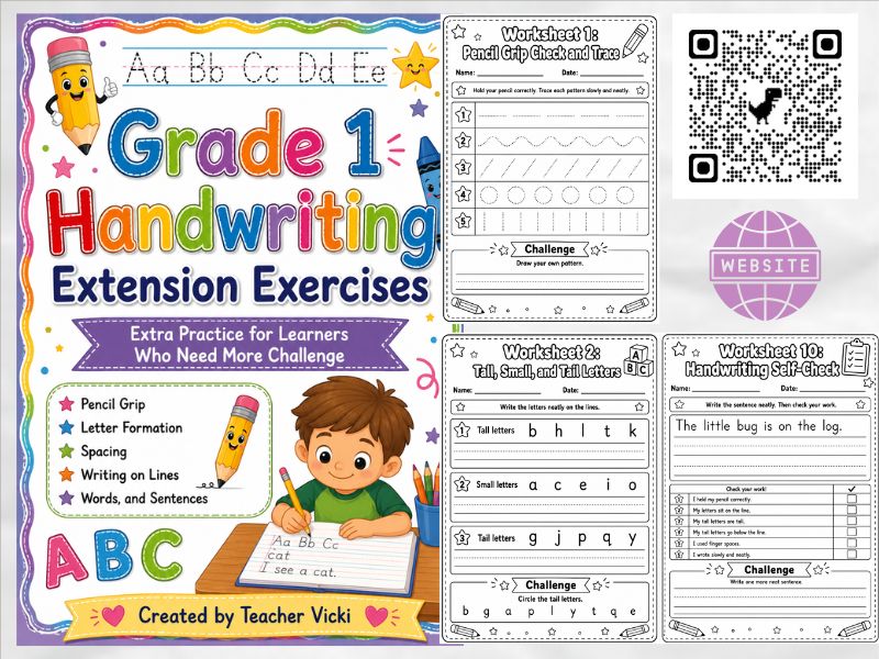 Grade 1 Handwriting Extension Worksheets, Letter Formation, Spacing & Copywork
