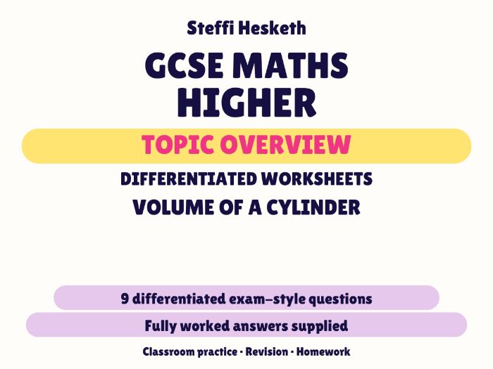 GCSE Higher Volume of a Cylinder | Topic Overview Differentiated Worksheet