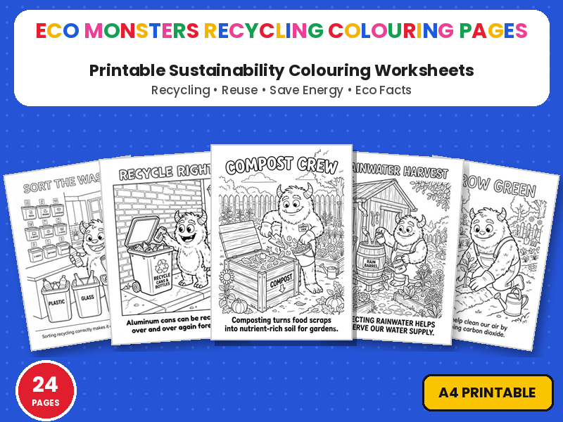 Eco Monsters Recycling Colouring Pages | Reduce Reuse Recycle Printable Colouring Page Worksheets