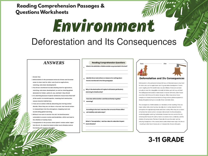 Deforestation and Its Consequences Reading Comprehension Passages & Questions worksheet