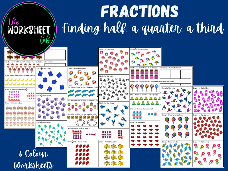 Fractions - Finding half, a quarter and a third Worksheets in Colour
