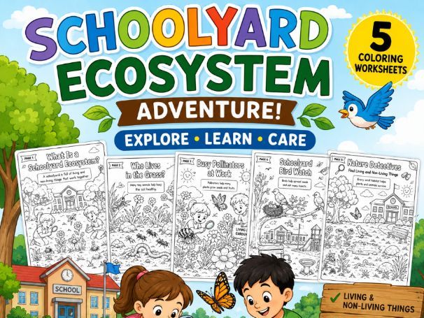 Schoolyard Ecosystem Adventure | 5 Coloring Worksheets |Primary Science (K-grade3)