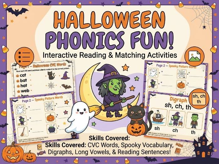 Halloween Phonics Worksheets Pack | CVC Words, Reading, Matching & Spooky Literacy Activities