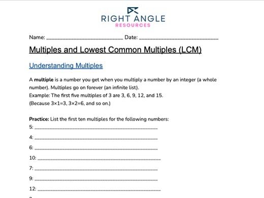 Quick Worksheet: Multiples and Lowest Common Multiples (LCM)