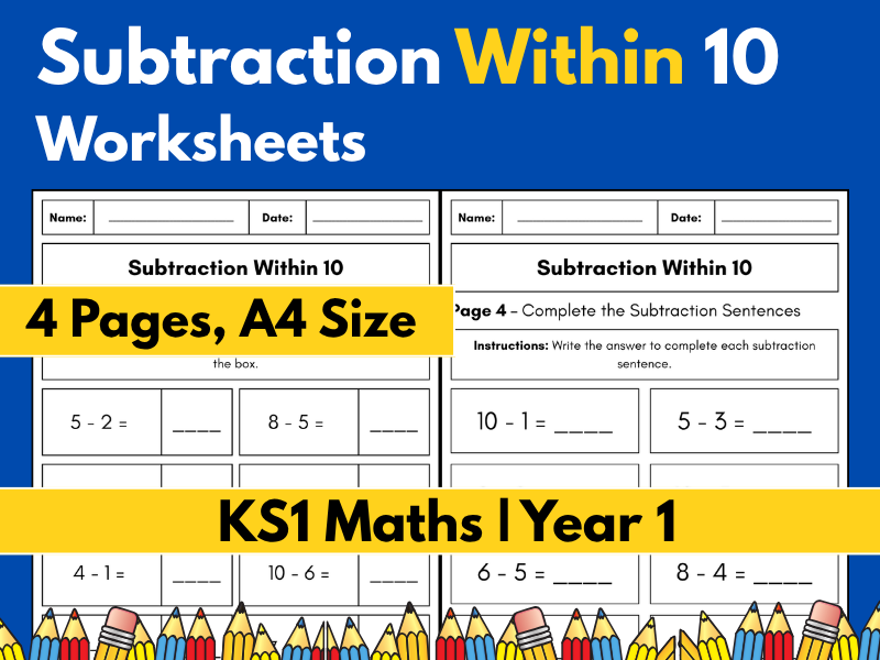 Subtraction Within 10 Worksheets | KS1 Maths | Year 1