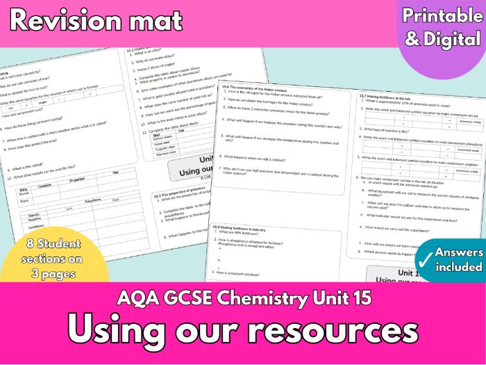 AQA GCSE Chemistry Unit 15 | Using Our Resources Revision Mat | Haber Process, Alloys & Fertiliser