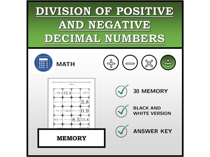Memory Matching Game | Division of Positive and Negative Decimal Numbers | Math Activity