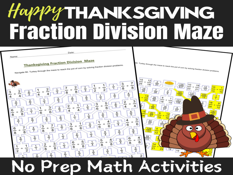 Thanksgiving Fraction Division Maze 6 Fun Puzzles Math Activity No Prep Print & Go