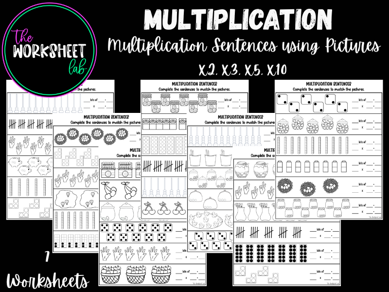 Multiplication Sentences Using Pictures (x2, x3, x5, x10) Worksheets in Black and White