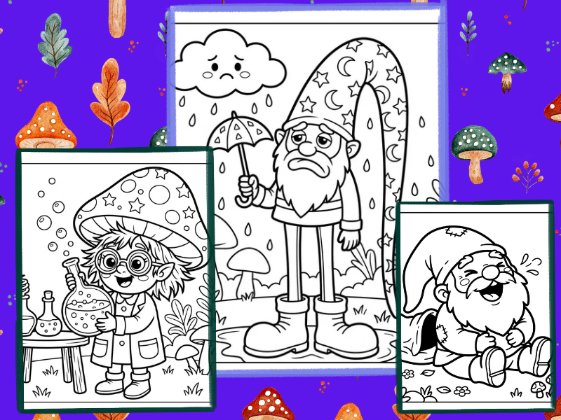 Gnome Sweet Gnome | 38 Fun and Whimsical Colouring Pages for Kids | Printable PDF