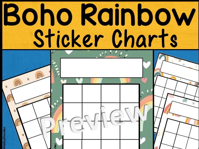 Boho Rainbow Sticker Reward Charts Printable - 4 Designs - 12 16 & 25 Boxes!