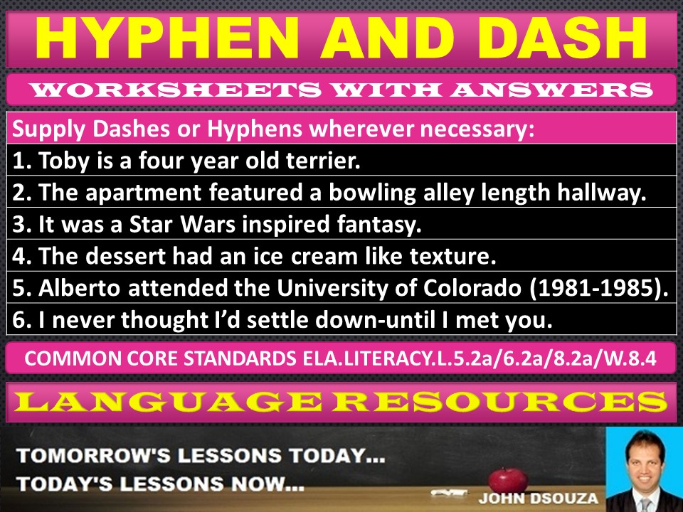 HYPHENS AND DASHES PUNCTUATION WORKSHEETS WITH ANSWERS Teaching