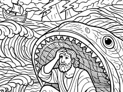 Old Testament Jonah and the Big Fish Stained-Glass Window Style Colouring Page