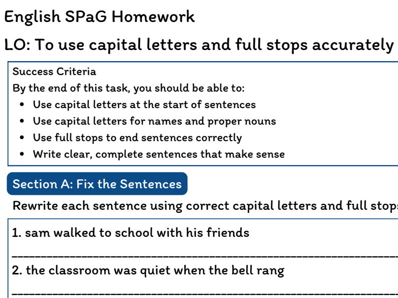 English SPaG Homework – Capital Letters & Full Stops