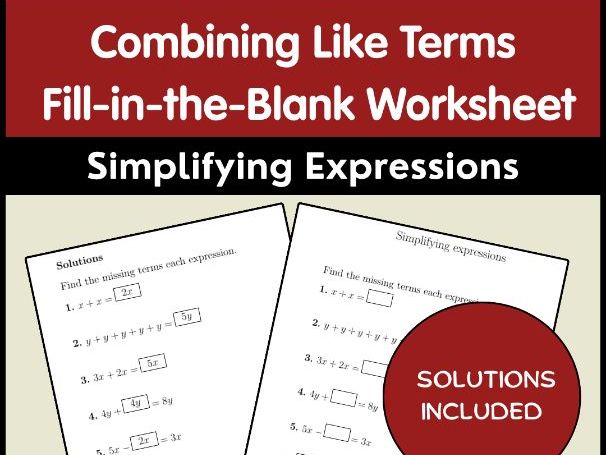 Combining Like Terms Fill-in-the-Blank Worksheet | Simplifying Expressions
