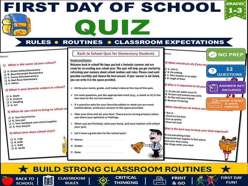 First Day of School Quiz | Back to School Activity Classroom Rules & Routines | Grades 1-3