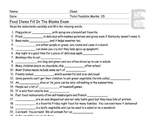 Food Items Fill In The Blanks Exam | Teaching Resources