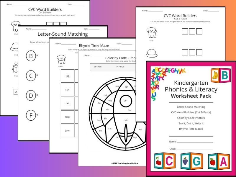 Kindergarten Phonics & Literacy Worksheet Pack – Book Description
