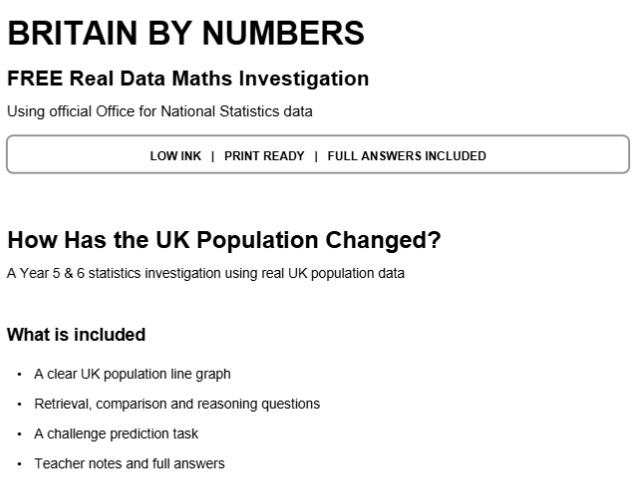 UK Population: Free KS2 Statistics Task