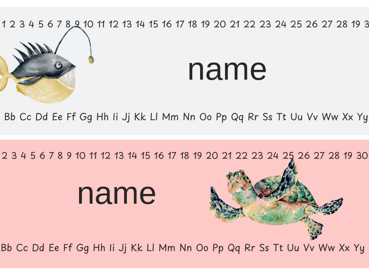 Editable name cards with 0-30 and alphabet strips