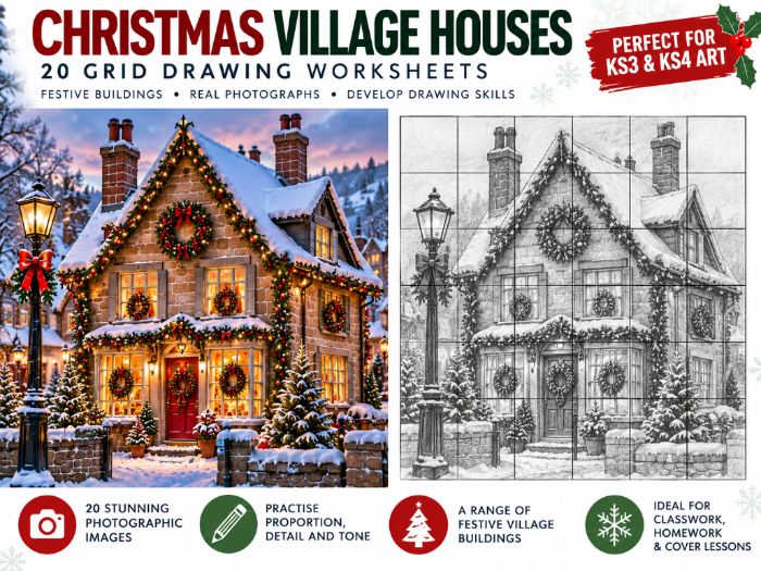 Christmas Village Houses Grid Drawing Worksheets | 20 Festive KS3 & KS4 Art Activities