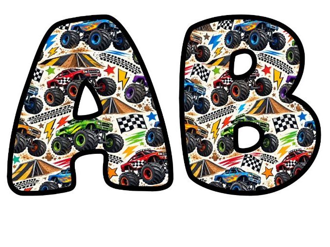 Monster Trucks Bubble Letters | Patterned Bulletin Board Letters | Printable Alphabet A-Z and 0-9