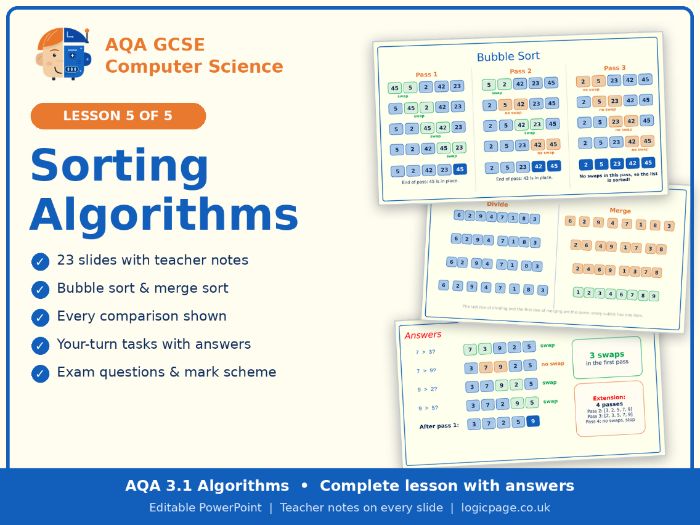 AQA GCSE Computer Science 3.1 Sorting Algorithms Lesson