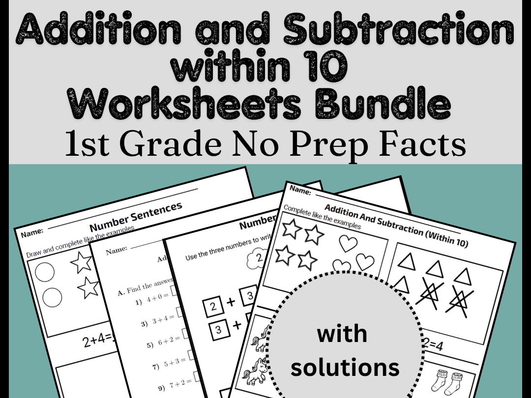 Addition and Subtraction within 10 Worksheets Bundle | 1st Grade No Prep Facts