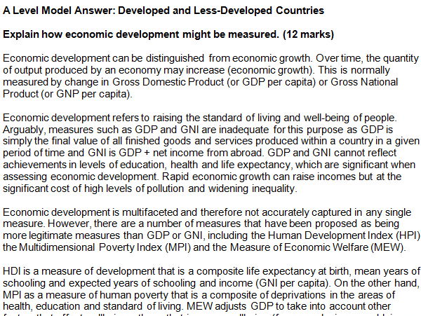 A Level Economics Model Essay: Developing Countries, Measures of Living Standards, Economic Growth