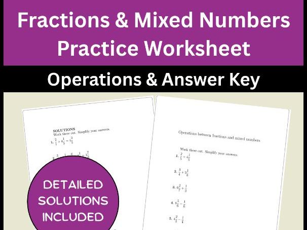 Fractions & Mixed Numbers Practice Worksheet | Operations & Answer Key